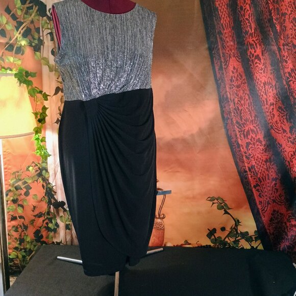 EUC: ENFOCUS Size 18W Black Silver Chic Metallic Ruched Party Dress - Picture 1 of 5
